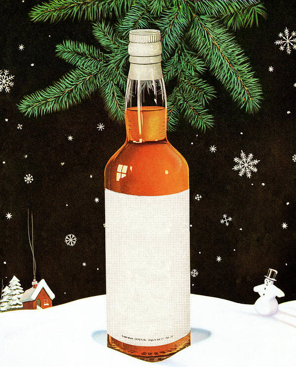 Alcohol Art Print featuring the drawing Blank Liqour Bottle in Snowy Scene by CSA Images