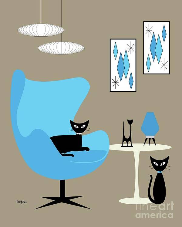 Mid Century Modern Art Print featuring the digital art Blue Egg Chair with Cats by Donna Mibus