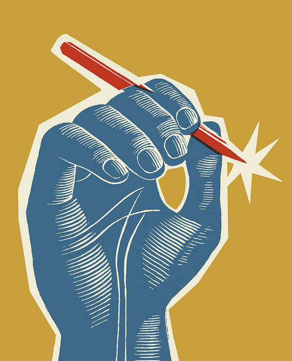 Author Art Print featuring the drawing Blue Hand Holding Red Pen by CSA Images