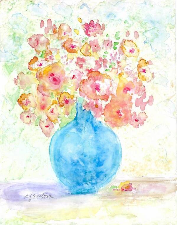 Blue Art Print featuring the painting Blue Vase with Flowers by Claudette Carlton