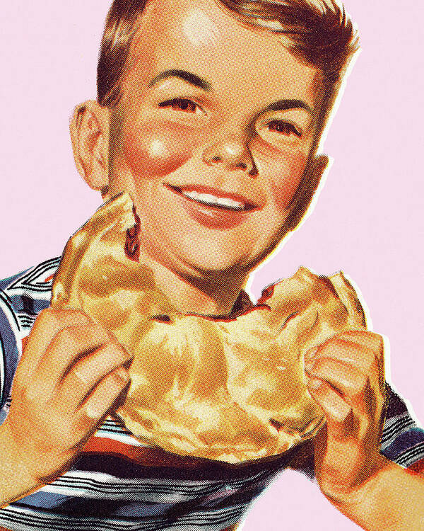 Baked Goods Art Print featuring the drawing Boy Eating a Whole Pie by CSA Images