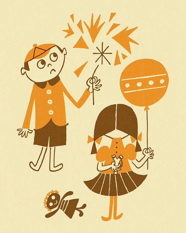 Balloon Art Print featuring the drawing Boy, Girl and Balloons by CSA Images