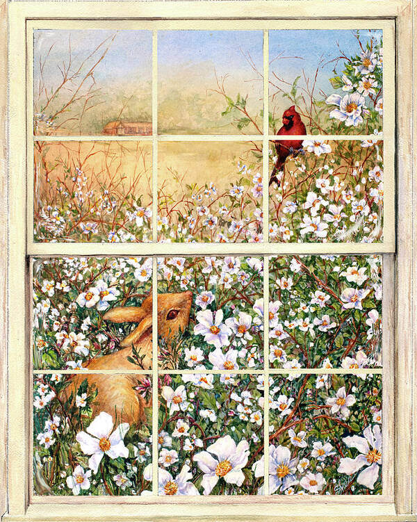 Bunny And Berries-through The Window Art Print featuring the painting Bunny And Berries-through The Window by Sher Sester