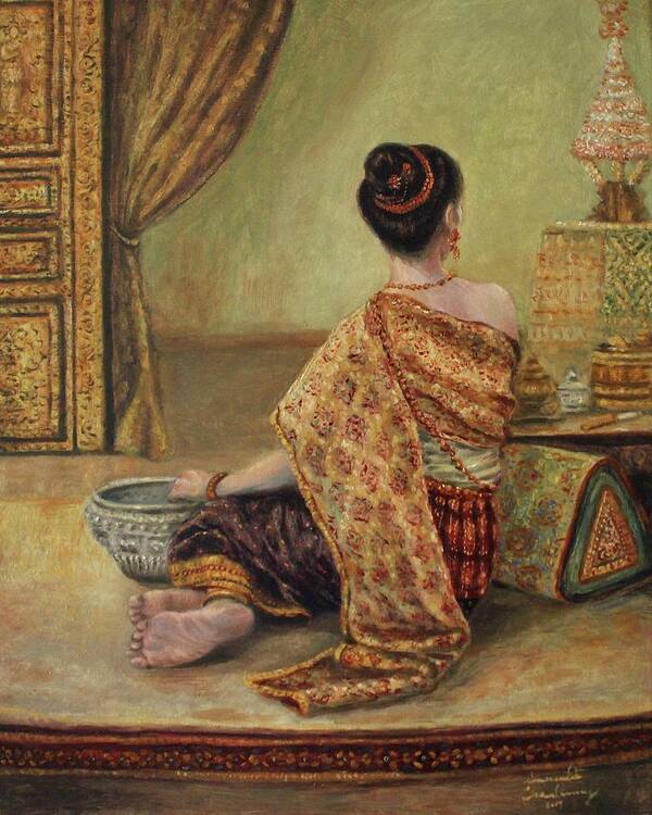 Royal Lady Art Print featuring the painting Contemplating in the Palace Chamber by Sompaseuth Chounlamany