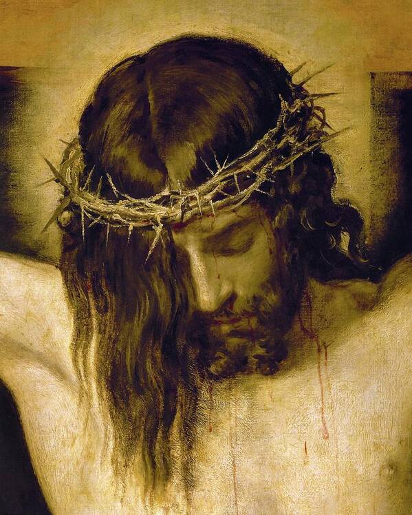 Cristo Crucificado Art Print featuring the painting Crucified Christ -detail of the head-. Cristo crucificado. Madrid, Prado museum. DIEGO VELAZQUEZ . by Diego Velazquez -1599-1660-