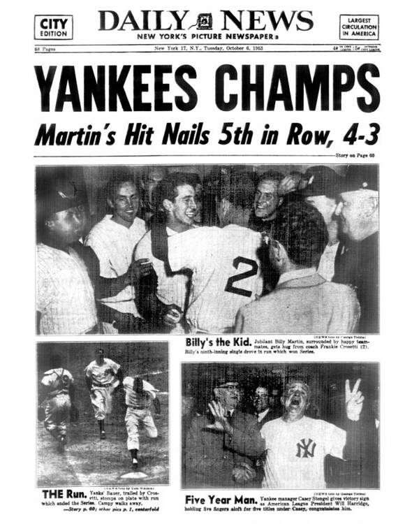 American League Baseball Art Print featuring the photograph Daily News Back Page Dated Oct. 6, 1953 by New York Daily News Archive