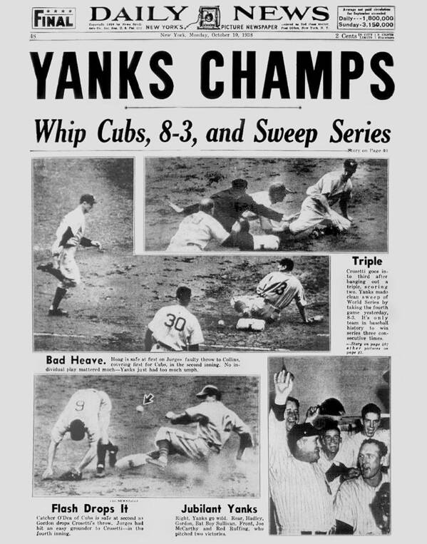 American League Baseball Art Print featuring the photograph Daily News Front Page October 10, 1938 by New York Daily News Archive