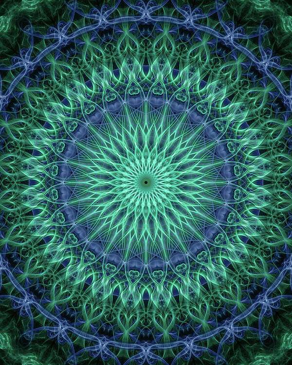 Mandala Art Print featuring the digital art Detailed mandala in plum and malachite green colors by Jaroslaw Blaminsky