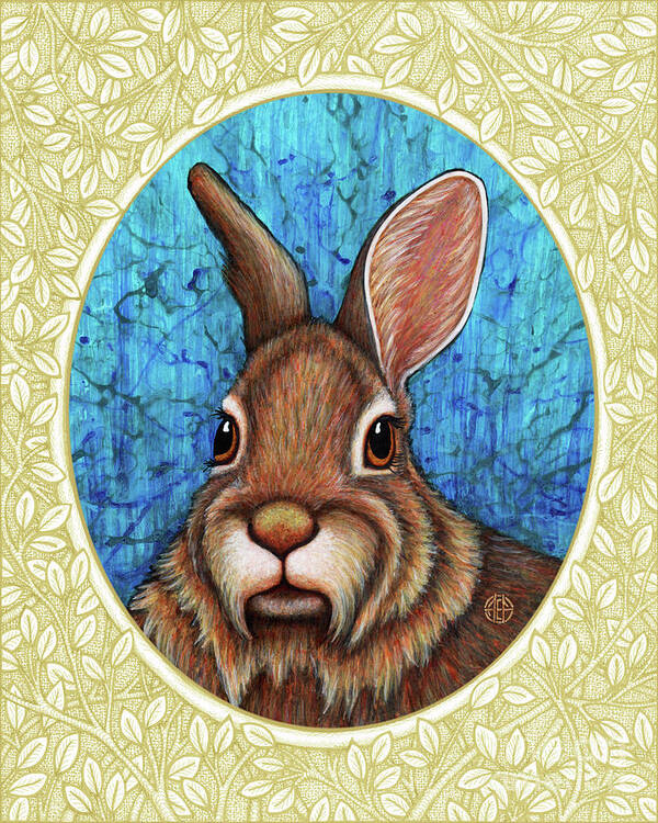 Animal Portrait Art Print featuring the painting Eastern Cottontail Portrait - Cream Border by Amy E Fraser