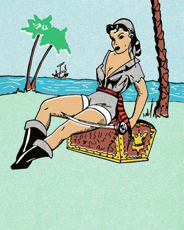 Beach Art Print featuring the drawing Female Pirate Sitting on Treasure Chest by CSA Images