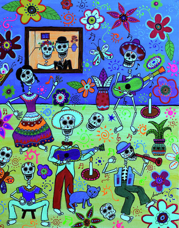 Fiesta Calaveras Amor Art Print featuring the painting Fiesta Calaveras Amor by Prisarts