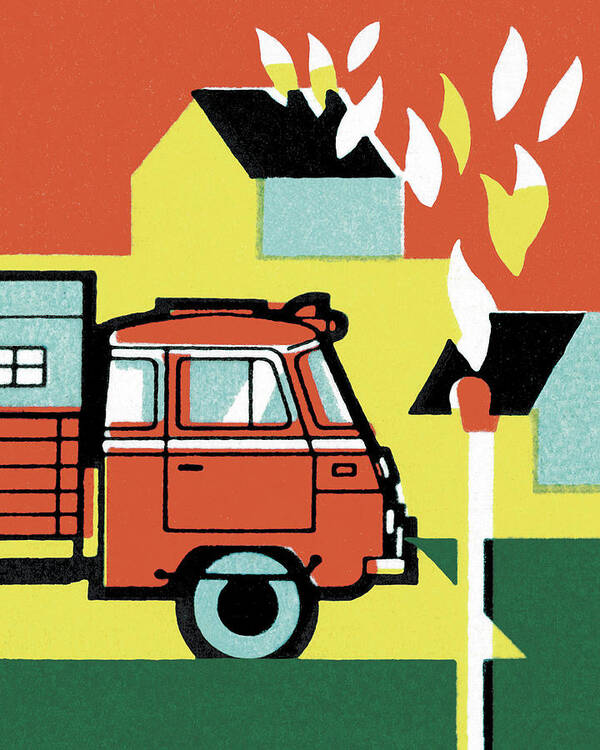 Accident Art Print featuring the drawing Firetruck and House on Fire by CSA Images
