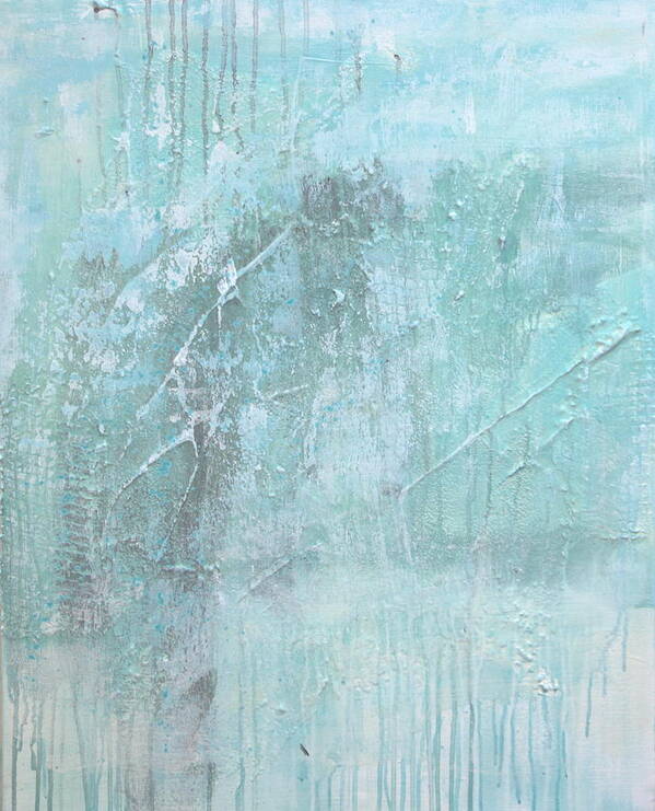 Mixed Media Abstract Textured Contemporary Acrylic Painting On Canvas In Blues And Greens Art Print featuring the mixed media First Frost by Lauren Petit