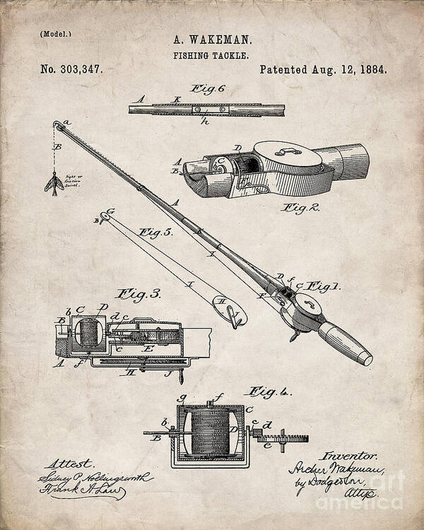 Fishing Rod Patent, Fishing Art - Antique Vintage Art Print by Patent Press  - Pixels