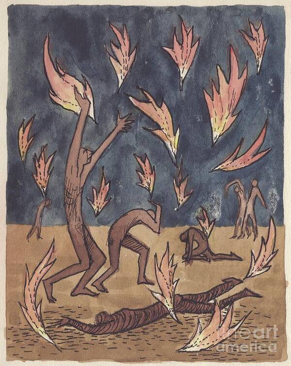 Gouache Art Print featuring the drawing Flames Raining by Heritage Images