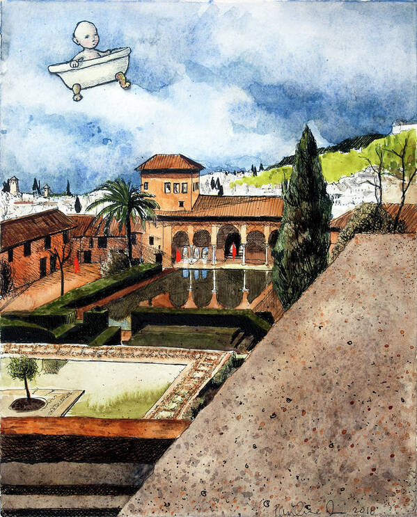 Baby Art Print featuring the painting Flying My Bathtub Over the Alhambra by Pauline Lim