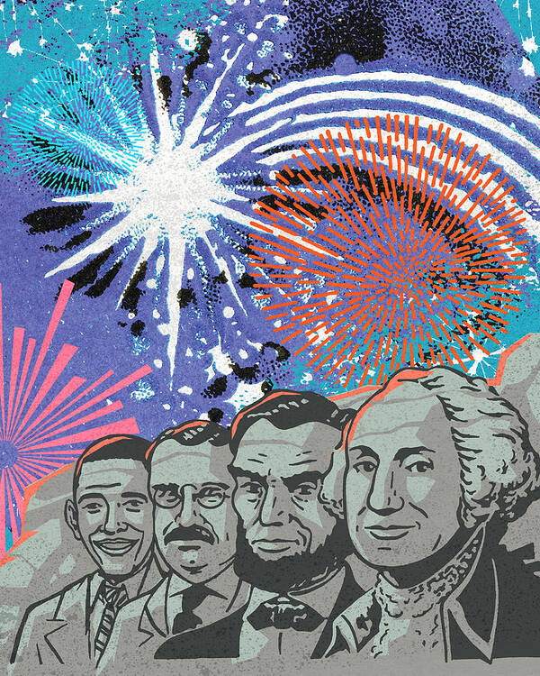 4th Of July Art Print featuring the drawing Four Presidents and Fireworks by CSA Images