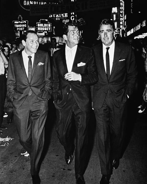 #frank_sinatra Art Print featuring the photograph Frank Sinatra, Dean Martin And Peter Lawford Walking Down The Las Vegas Strip by Globe Photos