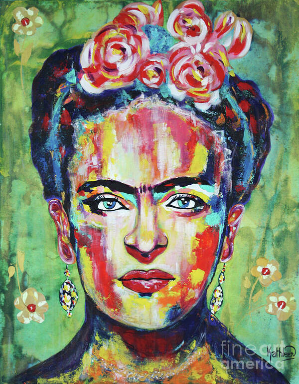 Frida Kahlo Art Print featuring the painting Frida Kahlo Pink Flowers by Kathleen Artist PRO