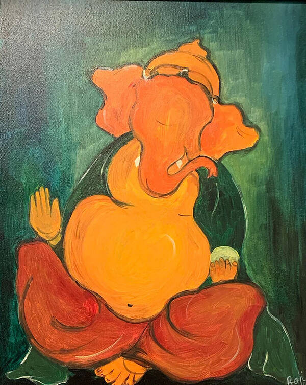 Seated Ganesh 2 Art Print featuring the painting Ganesh 4 by Raji Musinipally