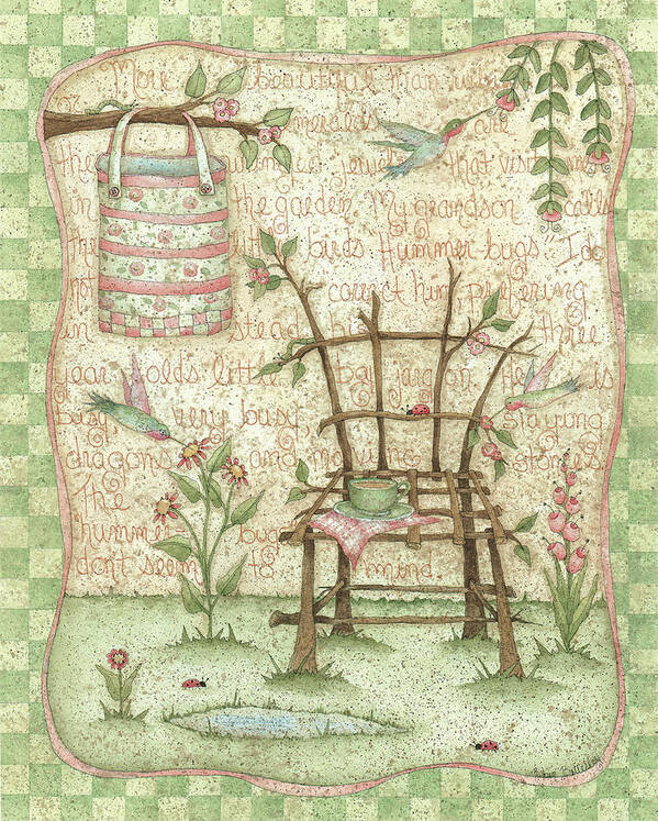 Humminngbirds Feeding Onn Flowers By A Chair That Is Constructed From Tree Braches. Art Print featuring the painting Garden 3 by Robin Betterley