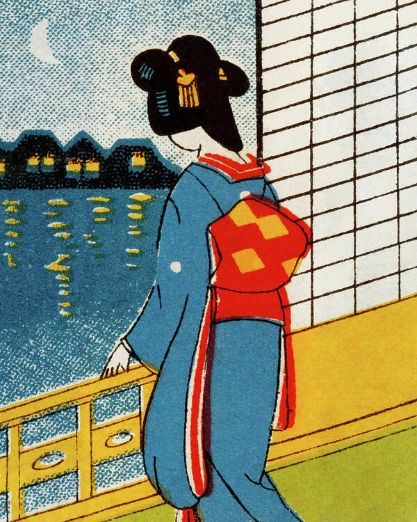 Adult Art Print featuring the drawing Geisha Looking Out Window by CSA Images
