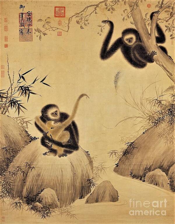 Pd: Reproduction Art Print featuring the painting Gibbons at play by Thea Recuerdo
