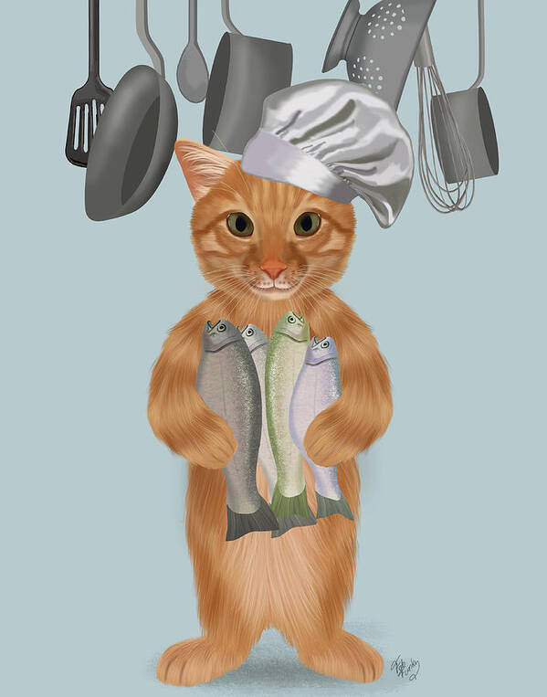 Cartoon Art Print featuring the painting Ginger Cat Fish Chef, Full by Fab Funky