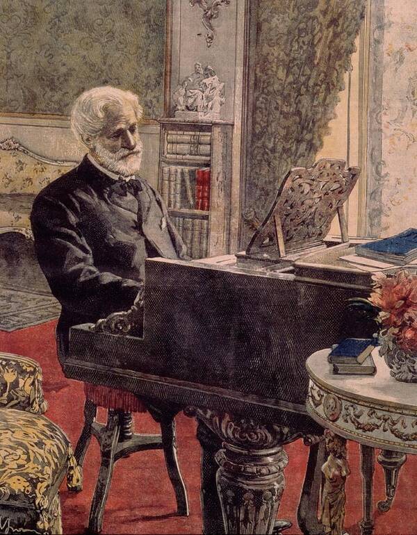 Giuseppe Verdi Art Print featuring the painting Giuseppe Verdi at piano, 1899, engraving. ACHILLE BELTRAME . by Album