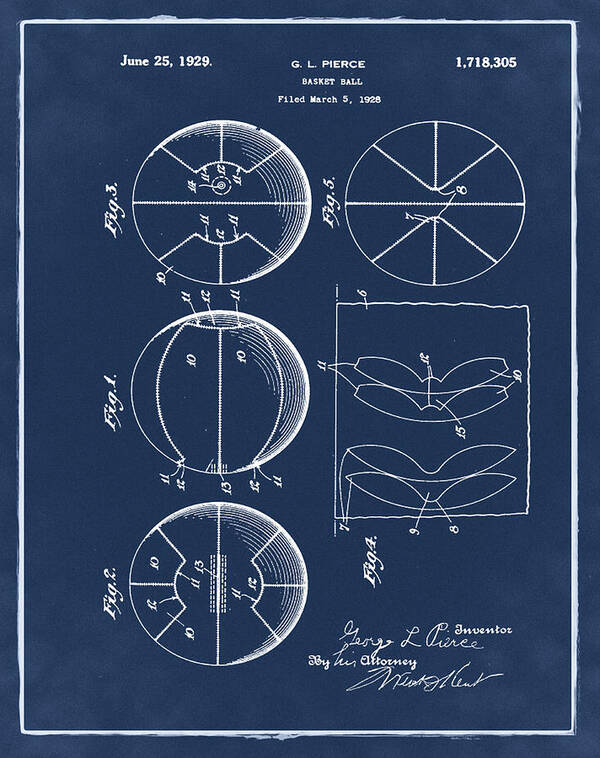 Gl Pierce Art Print featuring the photograph GL Pierce Basketball Patent 1929 in Blue by Bill Cannon