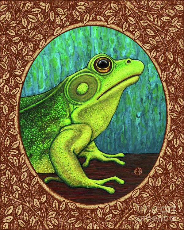 Animal Portrait Art Print featuring the painting Green Frog Portrait - Brown Border by Amy E Fraser