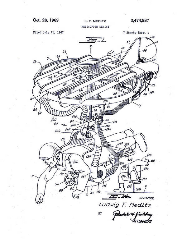 Vintage Patent Drawing Art Print featuring the digital art Human Helicopter Device by Print Collection