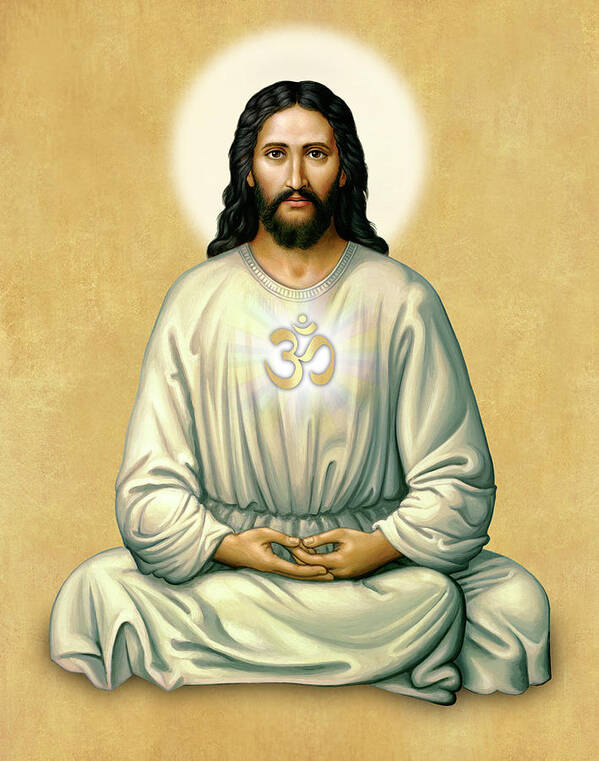 Jesus Art Print featuring the painting Jesus Meditating - The Christ Of India - on Gold with OM by Sacred Visions
