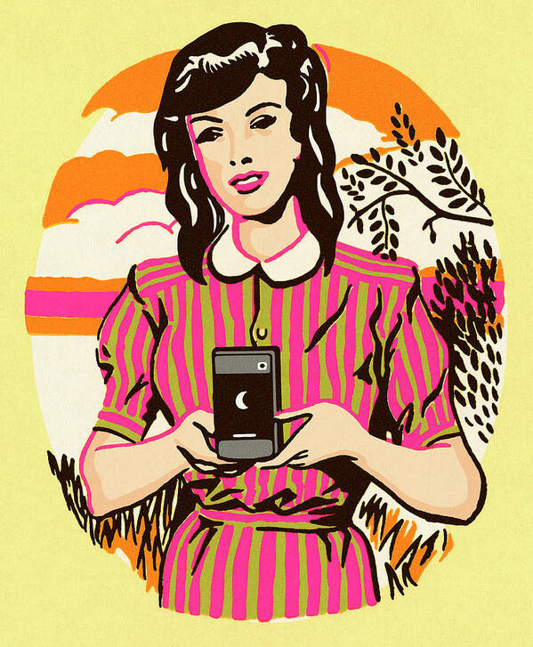 Adult Art Print featuring the drawing Lady Holding a Cell Phone by CSA Images
