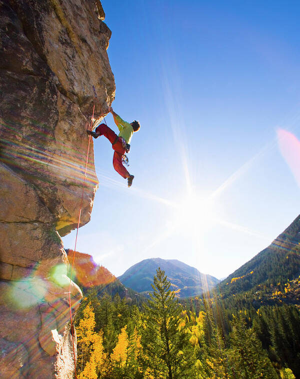Aspen Art Print featuring the photograph Man Rock Climbing, Dangling From by Tyler Stableford