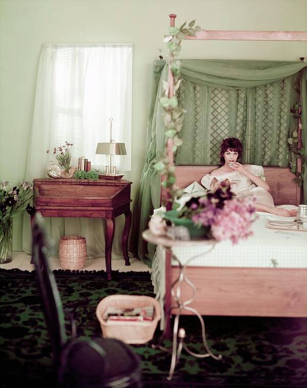 #new2022vogue Art Print featuring the photograph Mary Jane Russel Having Breakfast In Bed by Karen Radkai