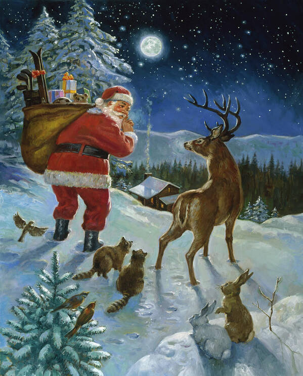 Santa Art Print featuring the painting Moonlight Delivery by Hal Frenck