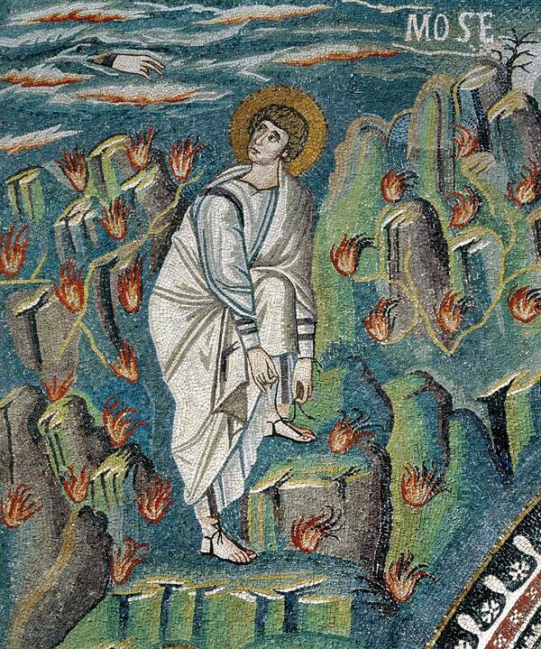 Moses Art Print featuring the painting Mosaic of Moses loosening sandal on Mt. Horeb or Sinai at God's command from burning bush in Basi... by Album