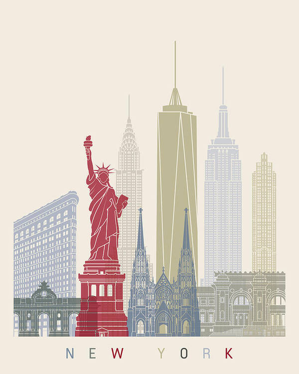 Cities Art Print featuring the drawing New York Skyline Poster In Editable by Domiciano Pablo Romero Franco