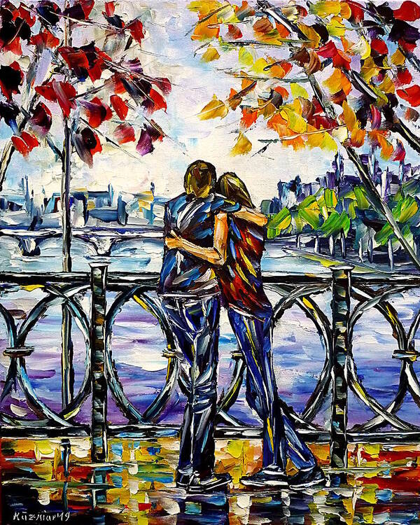 I Love Paris Art Print featuring the painting On The Paris Bridge by Mirek Kuzniar