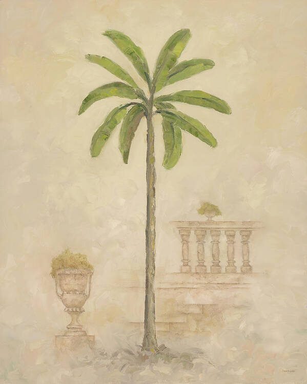 Palm With Faint Railing And Urn In Background Art Print featuring the painting Palm With Architecture 3 by Debra Lake