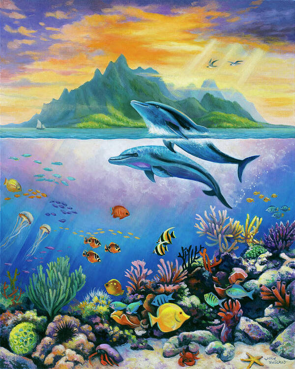 Dolphins Underwater Scene Tropical Fish Art Print featuring the painting Paradise by John Zaccheo