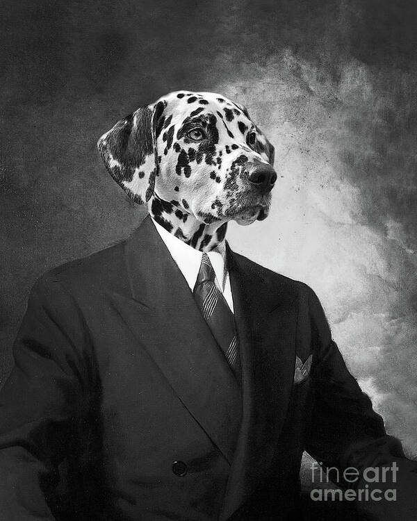 Dog Art Print featuring the painting Portrait of a dalmatian dog in a black suit by Delphimages Photo Creations
