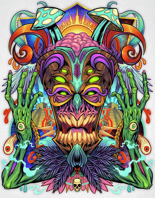 Psychedelic Tiki Creature Art Print featuring the digital art Psychedelic Tiki Creature by Flyland Designs