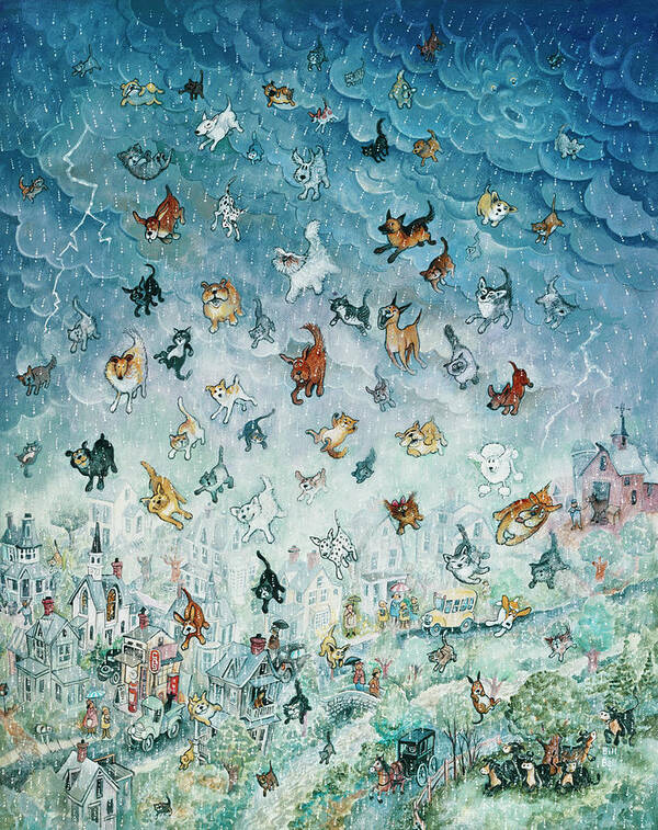 Cats Dogs Raining Art Print featuring the painting Raining Cats And Dogs by Bill Bell