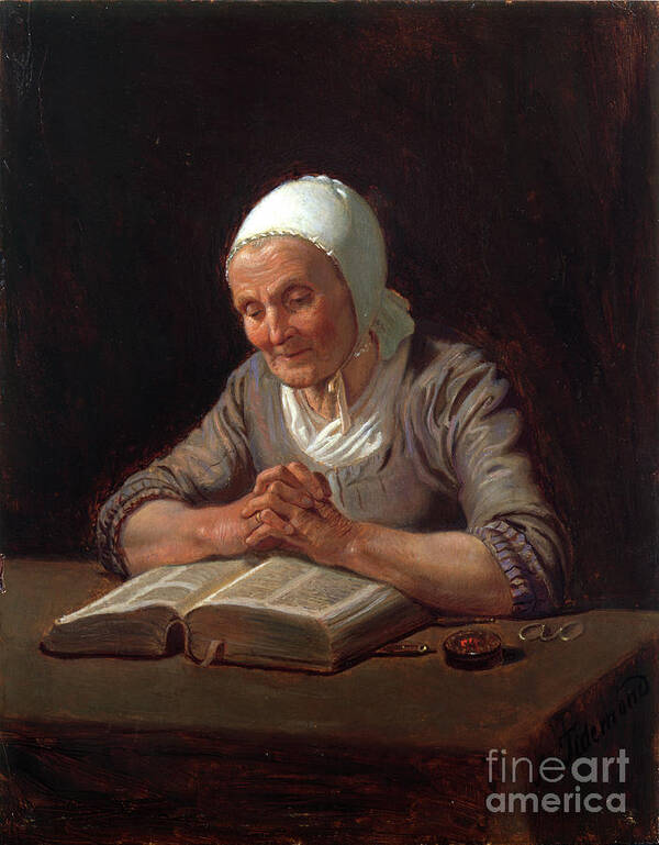 Adolph Tidemand Art Print featuring the painting Reading old wife by O Vaering by Adolph Tidemand