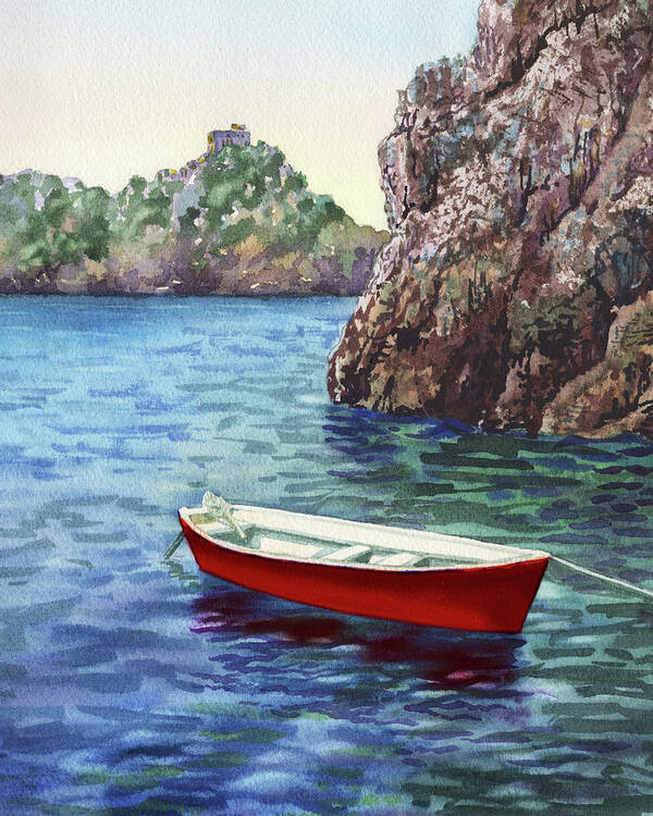 Red Art Print featuring the painting Red Boat In The Blue Sea by Irina Sztukowski