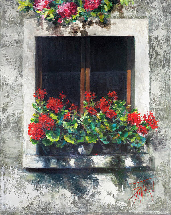 Red Geraniums Art Print featuring the painting Red Geraniums Window by Lynne Pittard