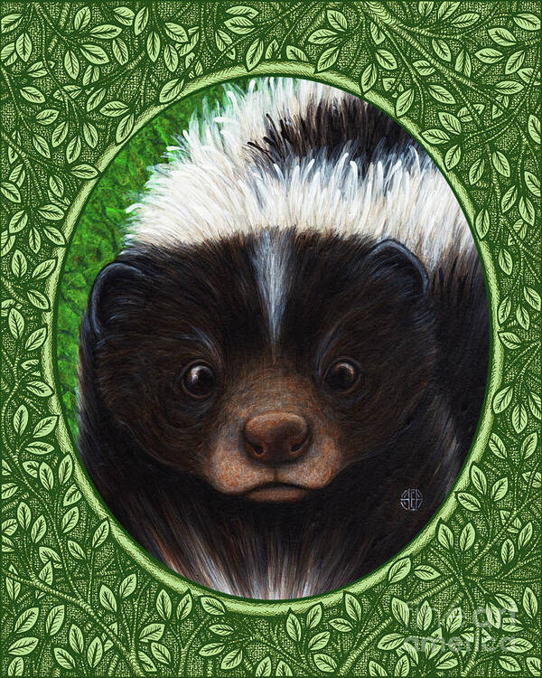 Animal Portrait Art Print featuring the painting Skunk Portrait - Green Border by Amy E Fraser