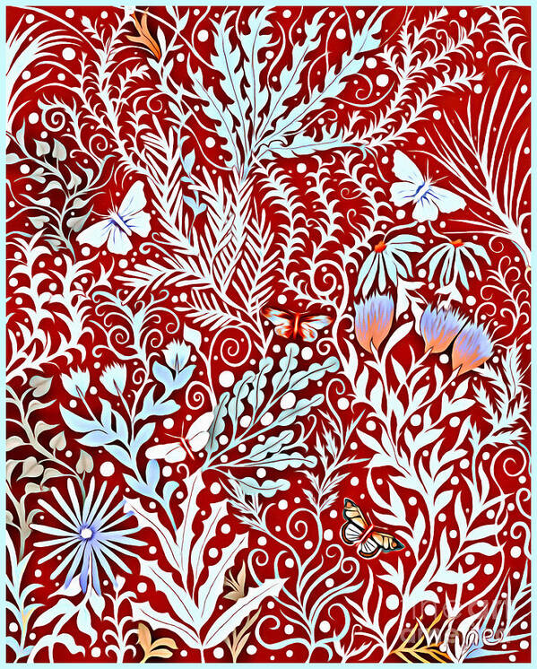 Lise Winne Art Print featuring the tapestry - textile Tapestry Design in Brick Red with White Butterflies and Celadon Colored Foliage by Lise Winne